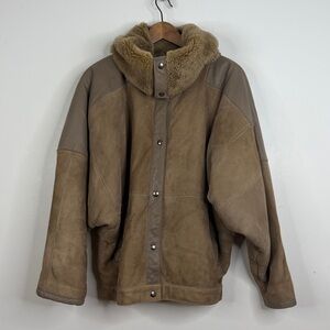 Vintage Leather Coat Womens 8 Brown Suede Faux Shearling 80s Oversized Baggy
